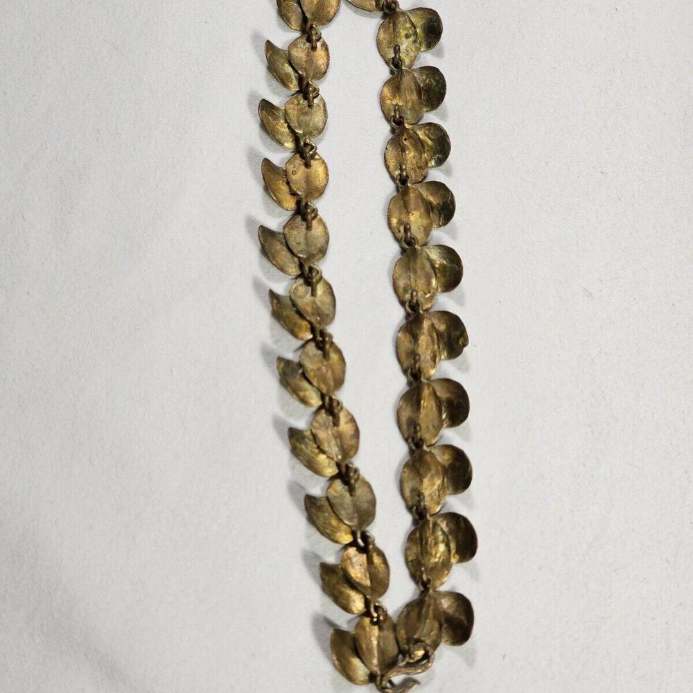 Vintage Double Row Leaf Necklace Gold Tone Mid-Century Designer 17" - Picture 7 of 8